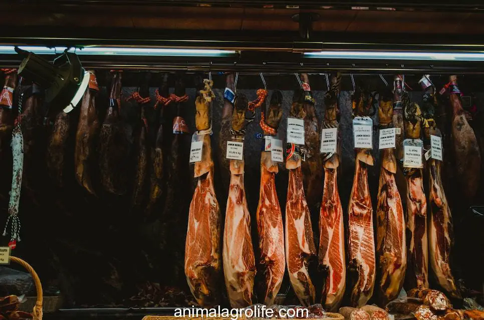 Why is Iberico ham illegal,photo of displayed raw meats mounted in gray metal rod
